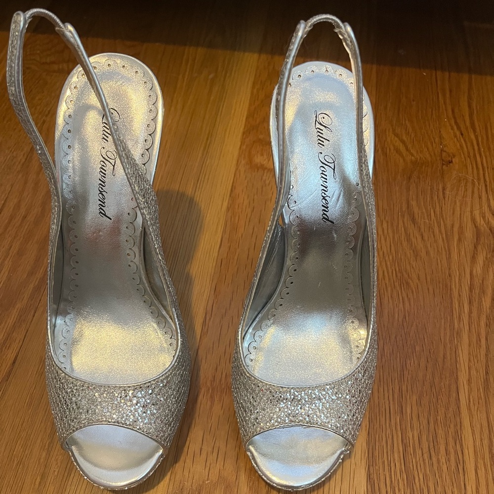 Lulu Townsend Glittering Silver Slingback Heels